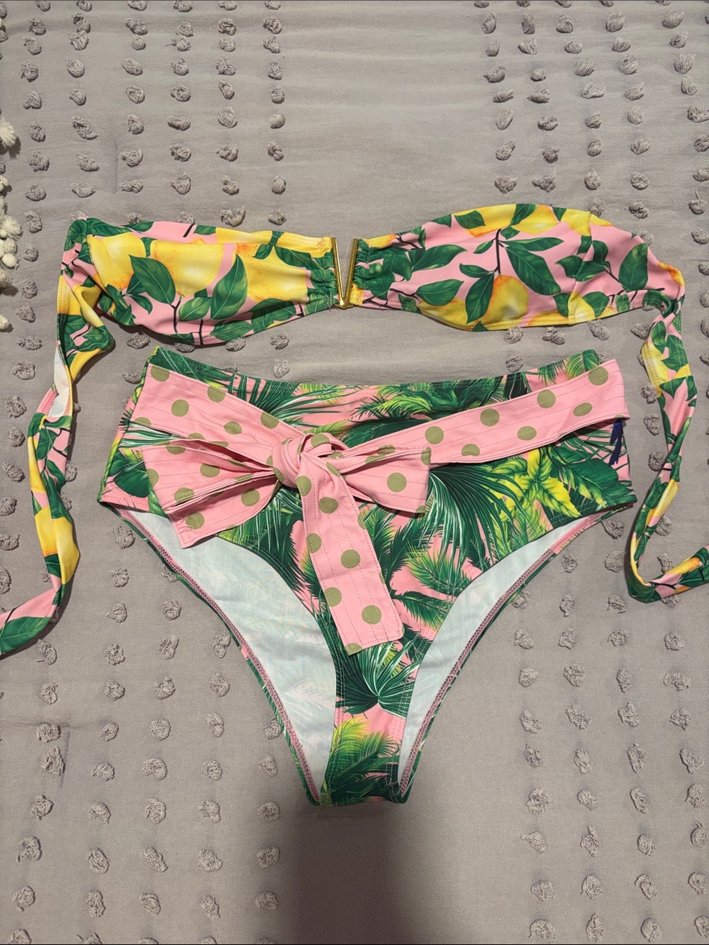 NWOT Tropical Palm Print Bandeau Bikini Set in Pink & Green